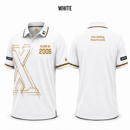 Xavier Class of 2006 white polo, front with X artwork and clean back with upper-back wording