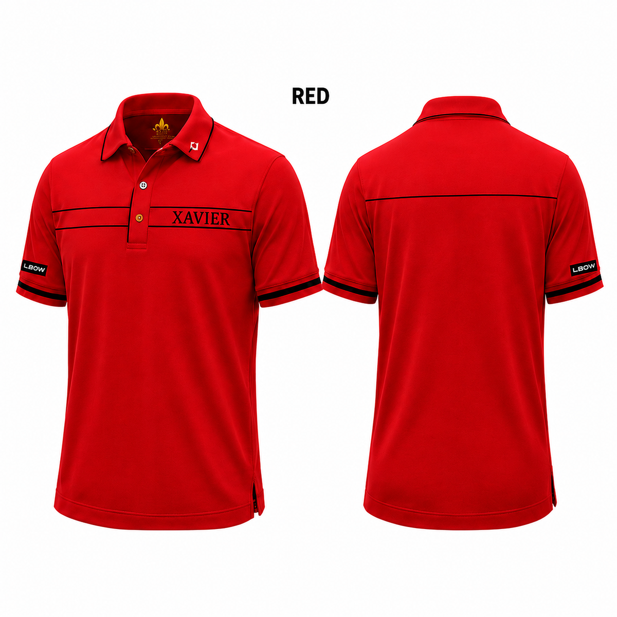 Xavier polo in red, front and back