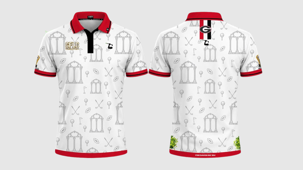 Front and back design of the GFLC Polo with white patterned body and red-and-black trim