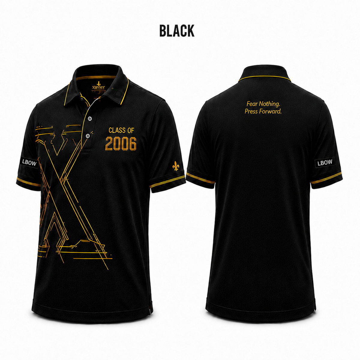 Xavier Class of 2006 black polo, front with X artwork and clean back with upper-back wording