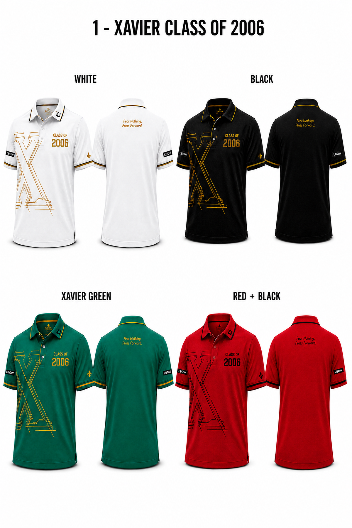 Xavier Class of 2006 polo overview with clean backs in white, black, Xavier green, and red plus black