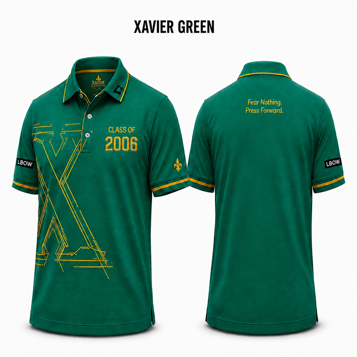 Xavier Class of 2006 Xavier green polo, front with X artwork and clean back with upper-back wording