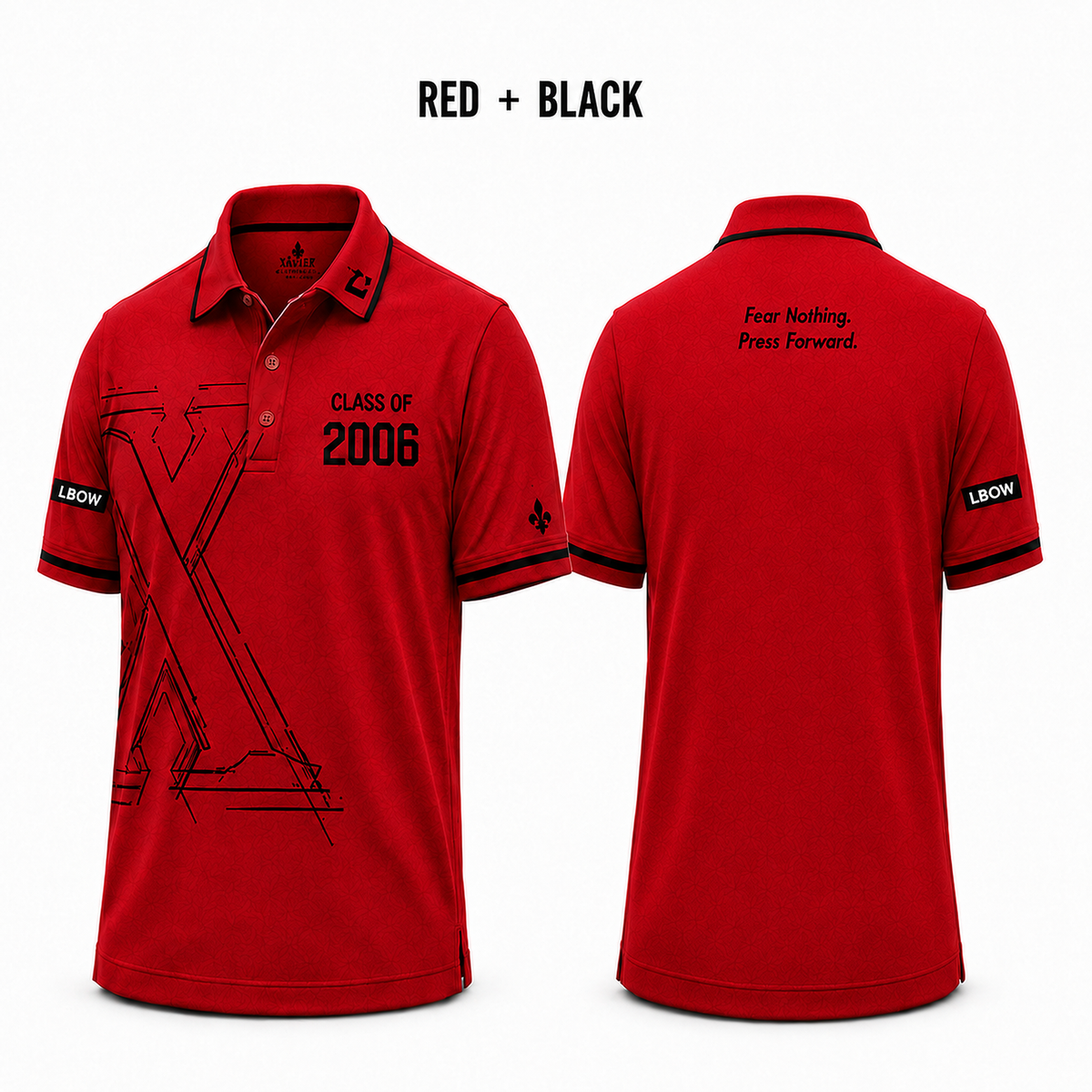 Xavier Class of 2006 red and black polo, front with X artwork and clean back with upper-back wording