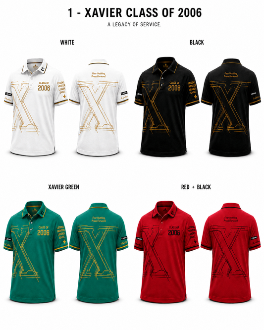 Xavier Class of 2006 oversized-X polo, front and back in white, black, green, and red with black details.