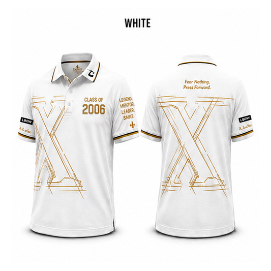 Xavier Class of 2006 polo — white, front and back views on white background