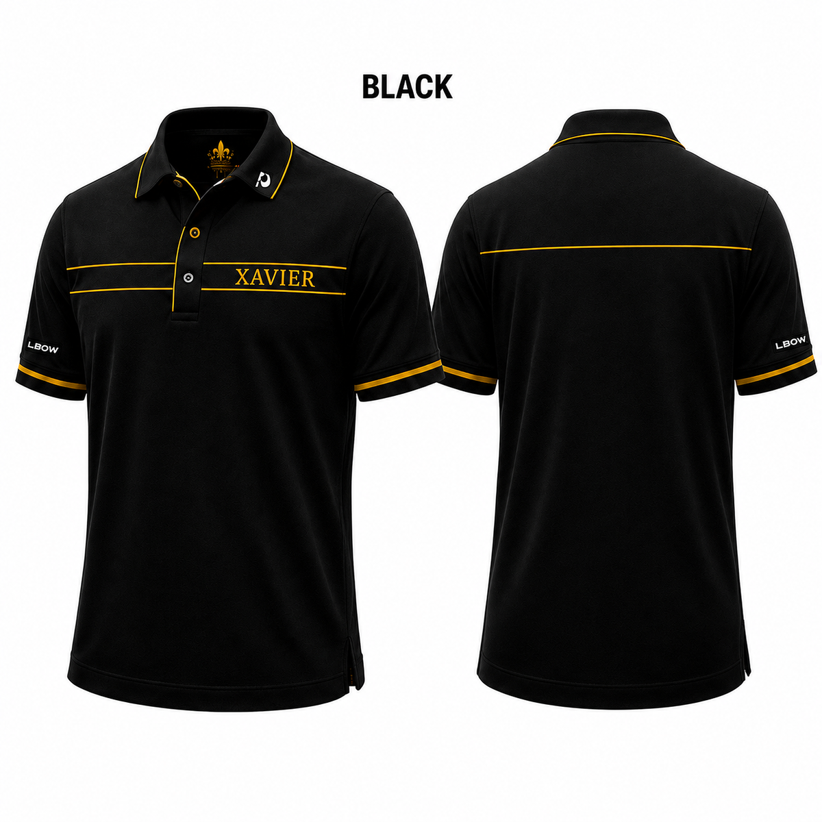 Xavier polo in black, front and back