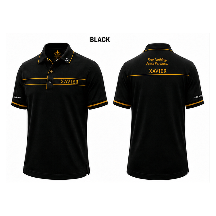 Xavier polo — black, front and back views on white background
