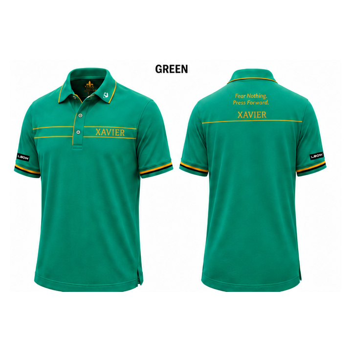 Xavier polo — green, front and back views on white background