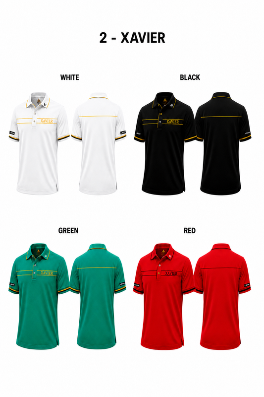 Xavier polo overview showing white, black, green, and red colorways, front and back