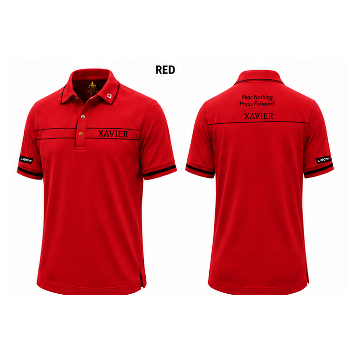 Xavier polo — red, front and back views on white background