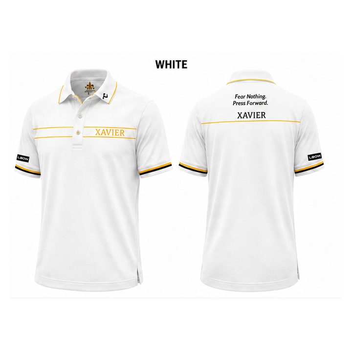 Xavier polo — white, front and back views on white background