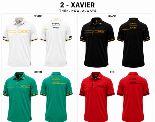 Xavier Then Now Always striped polo, front and back in white, black, green, and red.
